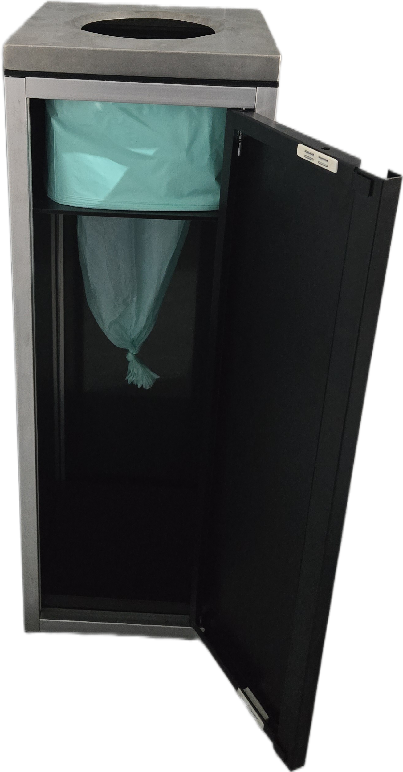 Open JENTON waste bin showing internal turquoise continuous liner bag and front door opened for tying and removing filled bag sections